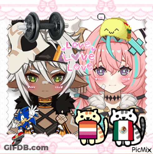 Two Anime Girls With Taco On Head And Sonic Holding Dumbbell GIF