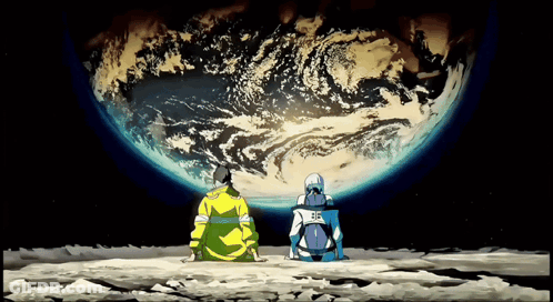 Two Astronauts Are Looking At The Earth From The Moon GIF