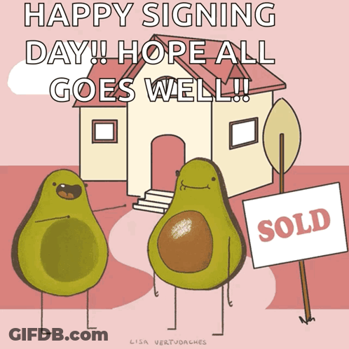 Two Avocados Are Standing In Front Of A House And A Sold Sign GIF