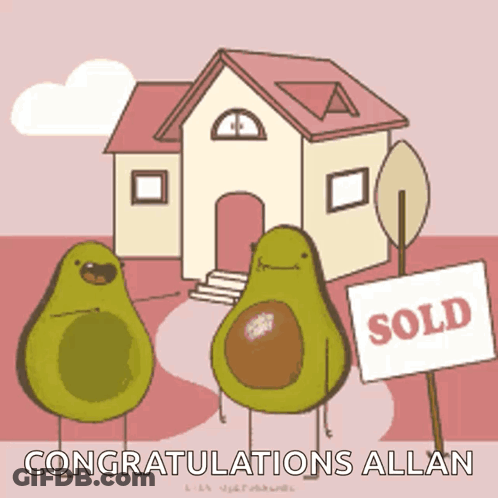 Two Avocados Standing In Front Of A House With A Sold Sign In Front Of Them GIF