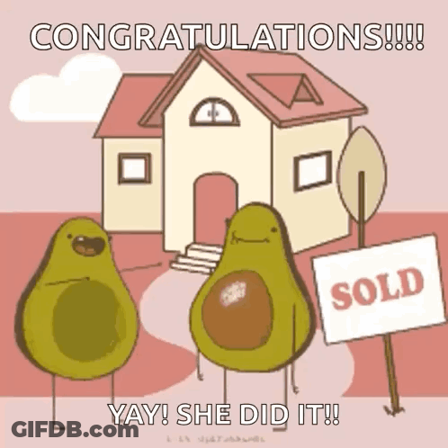 Two Avocados Standing In Front Of A House With A Sold Sign In Front Of Them GIF