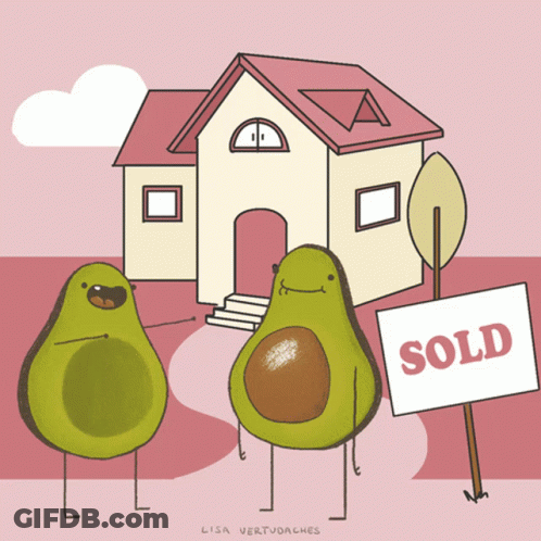 Two Avocados Standing In Front Of House GIF