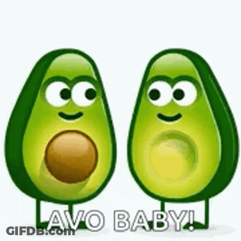 Two Avocados With Faces Holding Hands GIF