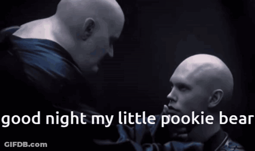 Two Bald Men Are Standing Next To Each Other With The Words " Good Night My Little Pookie Bear " Below Them GIF