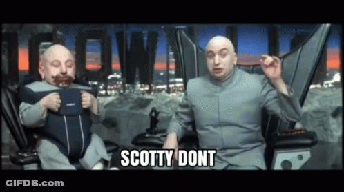Two Bald Men Sitting Next To Each Other With Scotty Dont Written On The Bottom Right GIF