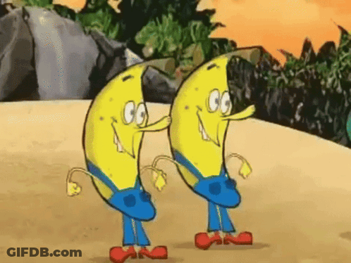 Two Bananas In Blue Overalls And Red Shoes Are Standing Next To Each Other GIF