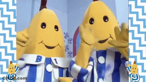 Two Bananas In Pajamas With The Letter B On Their Shirts GIF