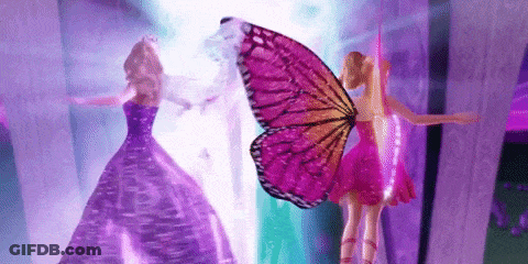 Two Barbie Dolls Next To Butterfly Wing GIF