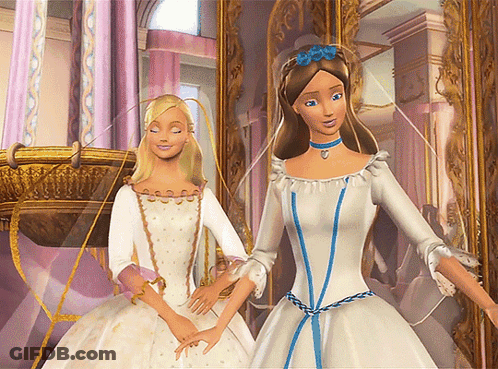 Two Barbie Dolls Standing Next To Each Other GIF