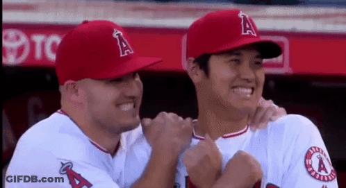 Two Baseball Players Are Hugging Each Other And Smiling In The Dugout . GIF