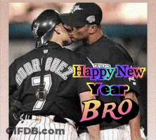 Two Baseball Players Are Kissing With The Words Happy New Year Bro GIF