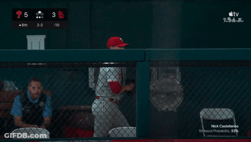 Two Baseball Players Are Standing In The Dugout And One Has The Name Marta On His Back GIF
