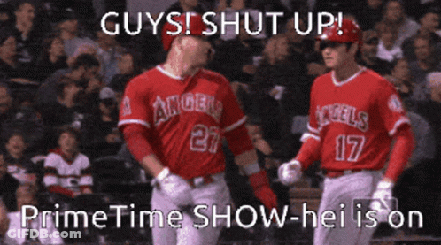 Two Baseball Players In Uniforms Number 27 And 17 GIF