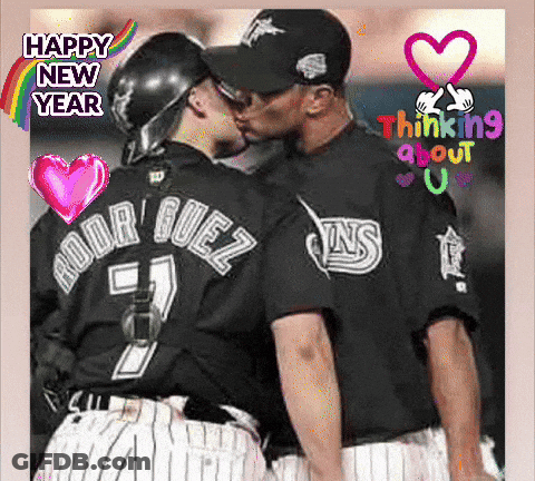 Two Baseball Players Kissing With The Words Happy New Year Thinking About U. GIF