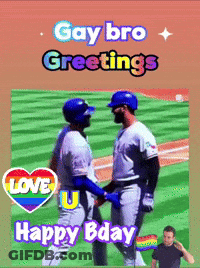 Two Baseball Players Shaking Hands On A Field With The Words " Gay Bro Greetings " Above Them GIF