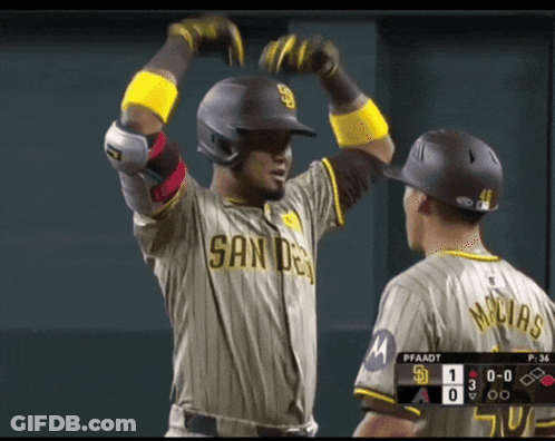 Two Baseball Players Wearing San Diego Uniforms Celebrate GIF