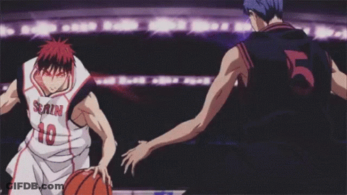 Two Basketball Players Are Fighting Each Other On A Court . GIF