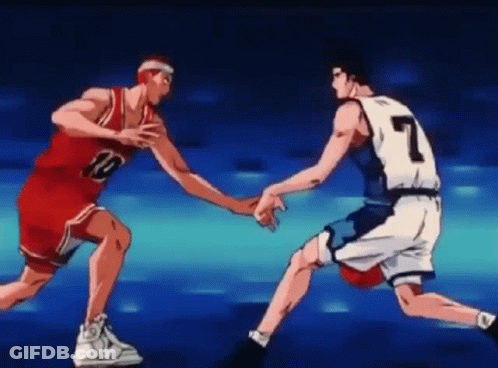 Two Basketball Players Are Holding Hands While Playing Basketball And One Has The Number 7 On His Jersey . GIF