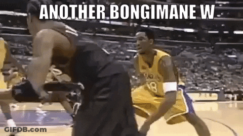 Two Basketball Players Are Playing A Game Of Basketball On A Court . One Of The Players Is Wearing A Yellow Jersey . GIF