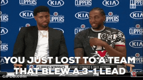 Two Basketball Players Are Sitting At A Table With The Words You Just Lost To A Team That Blew A 3-1 Lead GIF
