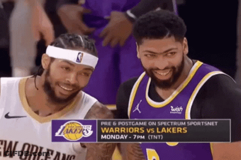 Two Basketball Players Are Smiling In Front Of A Sign That Says Warriors Vs. Lakers GIF