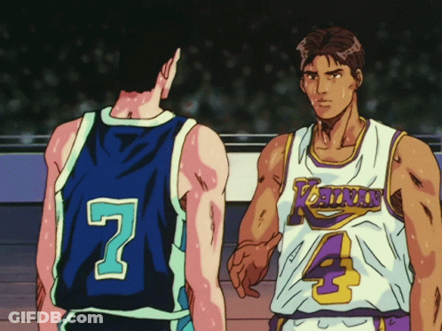 Two Basketball Players Are Standing Next To Each Other And One Has The Number 7 On His Back GIF
