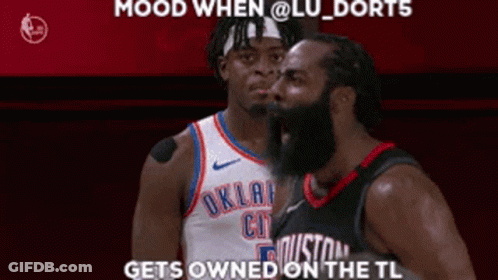 Two Basketball Players Are Standing Next To Each Other And One Is Wearing A Oklahoma City Jersey GIF