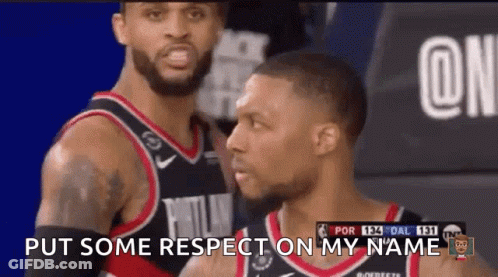 Two Basketball Players Are Standing Next To Each Other And One Of Them Is Saying " Put Some Respect On My Name " . GIF