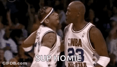 Two Basketball Players Are Standing Next To Each Other On A Court And One Of Them Is Saying `` Sup Homie '' . GIF