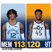Two Basketball Players Are Standing Next To Each Other With Mem 113 120 Ut On The Bottom GIF
