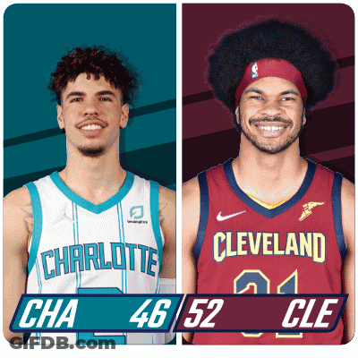 Two Basketball Players From Charlotte And Cleveland Are Standing Next To Each Other GIF