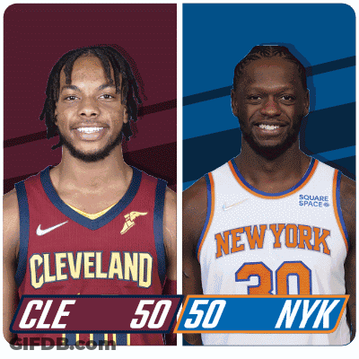 Two Basketball Players From Cleveland And New York Are Shown GIF