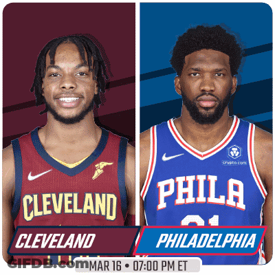 Two Basketball Players From Cleveland And Philadelphia Are On A Poster GIF