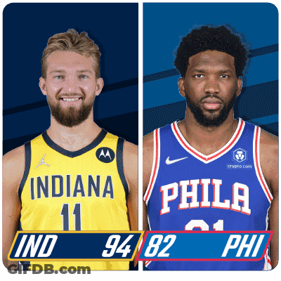 Two Basketball Players From Indiana And Philadelphia Are Standing Next To Each Other GIF