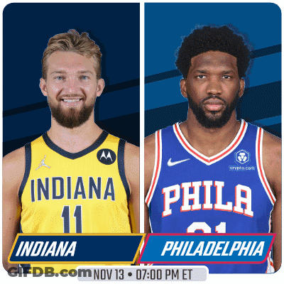 Two Basketball Players From Indiana And Philadelphia On A Blue Background GIF