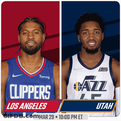Two Basketball Players From Los Angeles And Utah Are On A Poster GIF