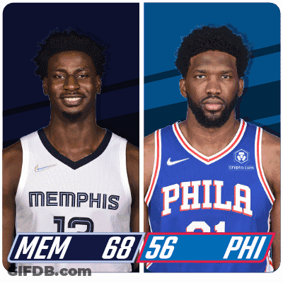 Two Basketball Players From Memphis And Philadelphia Are Shown GIF