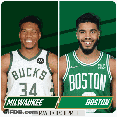 Two Basketball Players From Milwaukee And Boston Are On A Green Background GIF