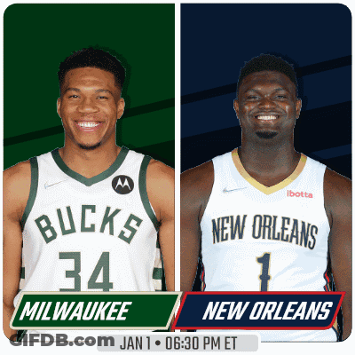 Two Basketball Players From Milwaukee And New Orleans Standing Together GIF