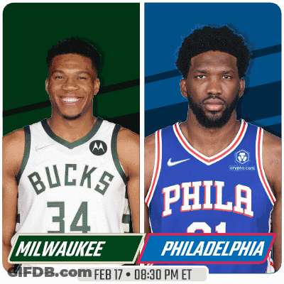 Two Basketball Players From Milwaukee And Philadelphia Are Standing Next To Each Other GIF