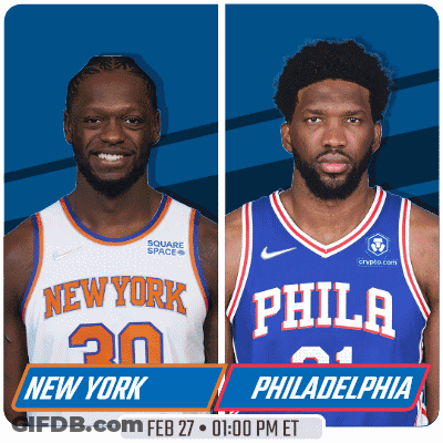 Two Basketball Players From New York And Philadelphia Are Standing Next To Each Other GIF