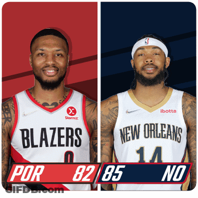 Two Basketball Players From The Blazers And New Orleans Are Standing Next To Each Other GIF