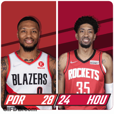 Two Basketball Players From The Blazers And The Rockets Are Standing Next To Each Other GIF