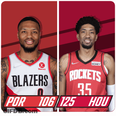 Two Basketball Players From The Blazers And The Rockets Are Standing Next To Each Other GIF