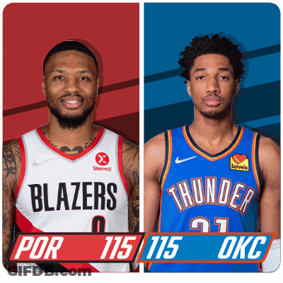 Two Basketball Players From The Blazers And The Thunder Are Standing Next To Each Other GIF