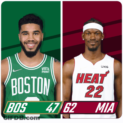 Two Basketball Players From The Boston Celtics And Heat GIF