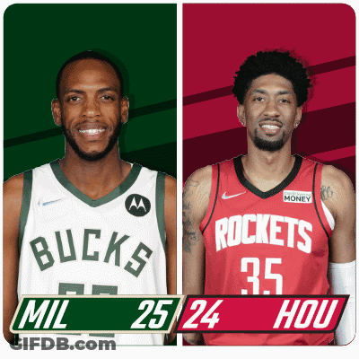 Two Basketball Players From The Bucks And Rockets Are Shown GIF