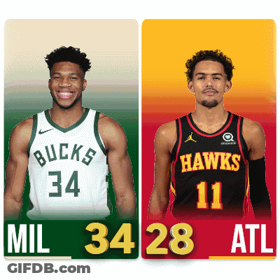 Two Basketball Players From The Bucks And The Hawks Are Standing Next To Each Other GIF