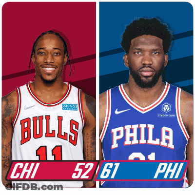 Two Basketball Players From The Bulls And Philadelphia Are Standing Next To Each Other GIF