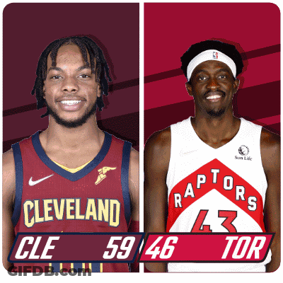 Two Basketball Players From The Cleveland And Raptors Teams GIF